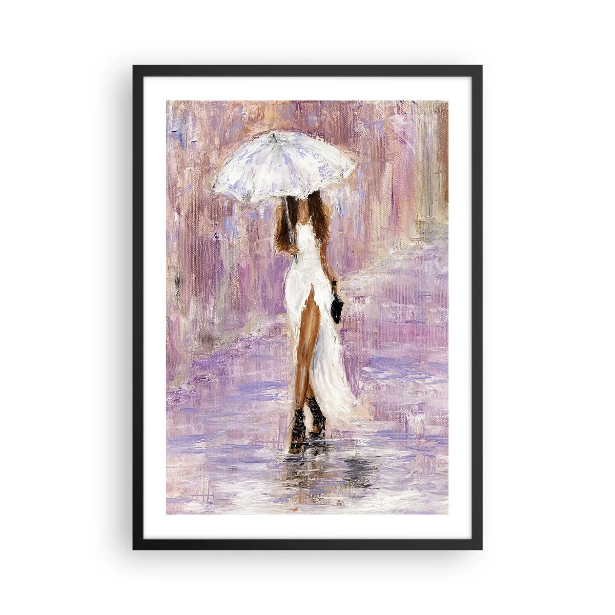 Affiche dans un cadre noir - Poster - Femme avec un parapluie sous la pluie - 50x70cm - Sous la pluie lilas - Décoration murale moderne pour le salon et la chambre ARTTOR