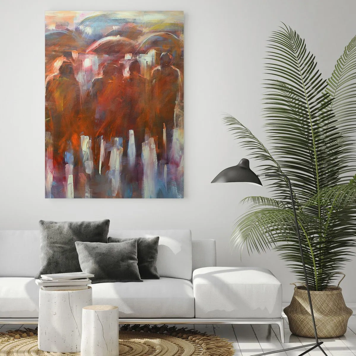 Impression sur verre - Image sur verre - Une foule de personnes avec des parapluies dans un décor pluvieux et artistique - 70x100cm - Identiques sous la pluie et dans le brouillard - Décoration murale moderne pour le salon et la chambre ARTTOR