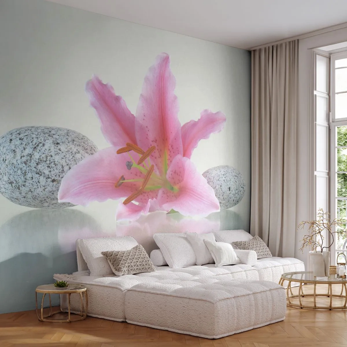 Papier Peint Autocollant Deluxe Sticker - Étude de rose, gris et blanc - Fleurs, Lis, Des pierres - 200x140 cm