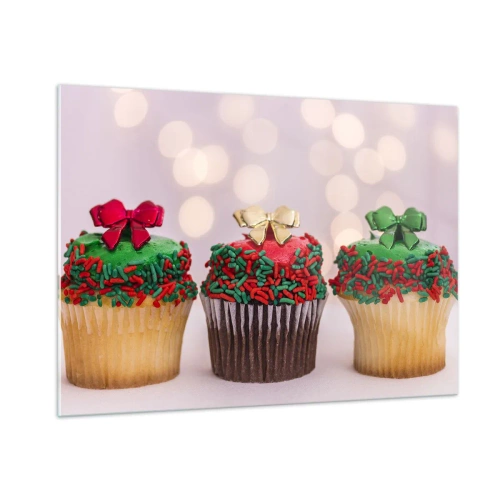 Impression sur verre - Image sur verre - Cupcakes de Noël avec décorations en forme de nœud - 100x70cm - Une sucrerie après la cocarde - Décoration murale moderne pour le salon et la chambre ARTTOR