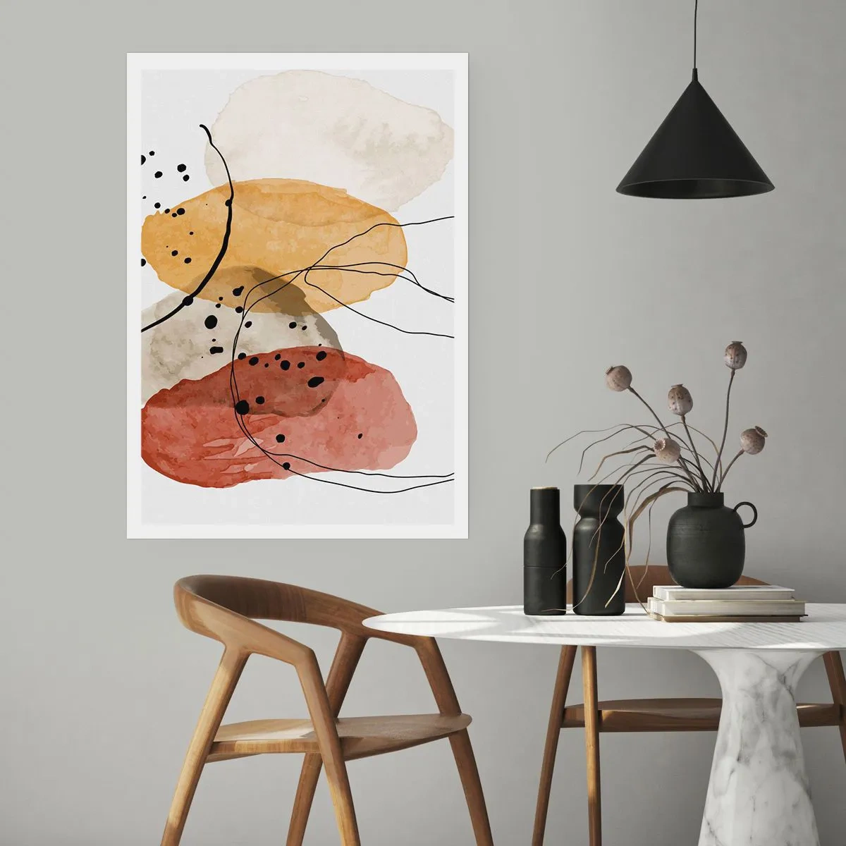 Affiche - Poster - Formes abstraites dans les tons beige, jaune et rouge - 50x70cm - Léger et transparent comme l'air - Décoration murale moderne pour le salon et la chambre ARTTOR