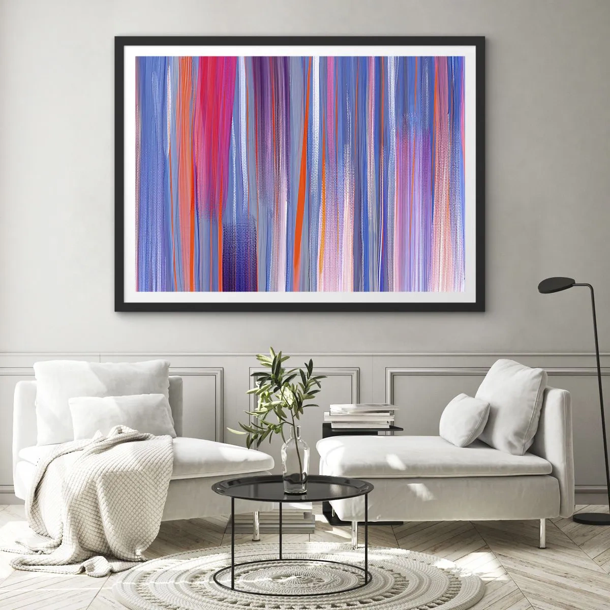 Affiche dans un cadre noir - Poster - Lignes verticales abstraites dans des tons de bleu et de rose - 70x50cm - Ascension - Décoration murale moderne pour le salon et la chambre ARTTOR