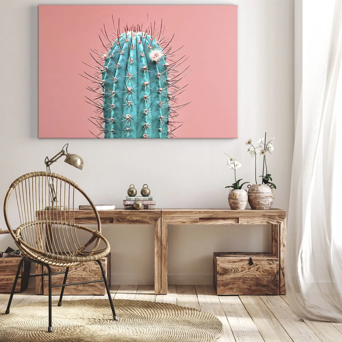 Impression sur toile - Image sur toile - Une interprétation artistique d'un cactus sur fond rose - 120x80cm - Juste regarde - Décoration murale moderne pour le salon et la chambre ARTTOR