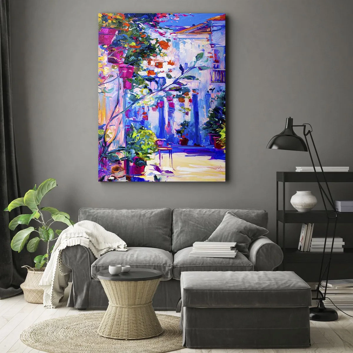 Impression sur toile - Image sur toile - Une rue colorée pleine de fleurs - 70x100cm - Impression - une rue italienne - Décoration murale moderne pour le salon et la chambre ARTTOR
