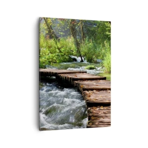 Impression sur toile - Image sur toile - Un pont en bois sur un ruisseau tumultueux entouré par la verdure de la forêt. - 50x70cm - Au-dessus de la cascade mousseuse - Décoration murale moderne pour le salon et la chambre ARTTOR