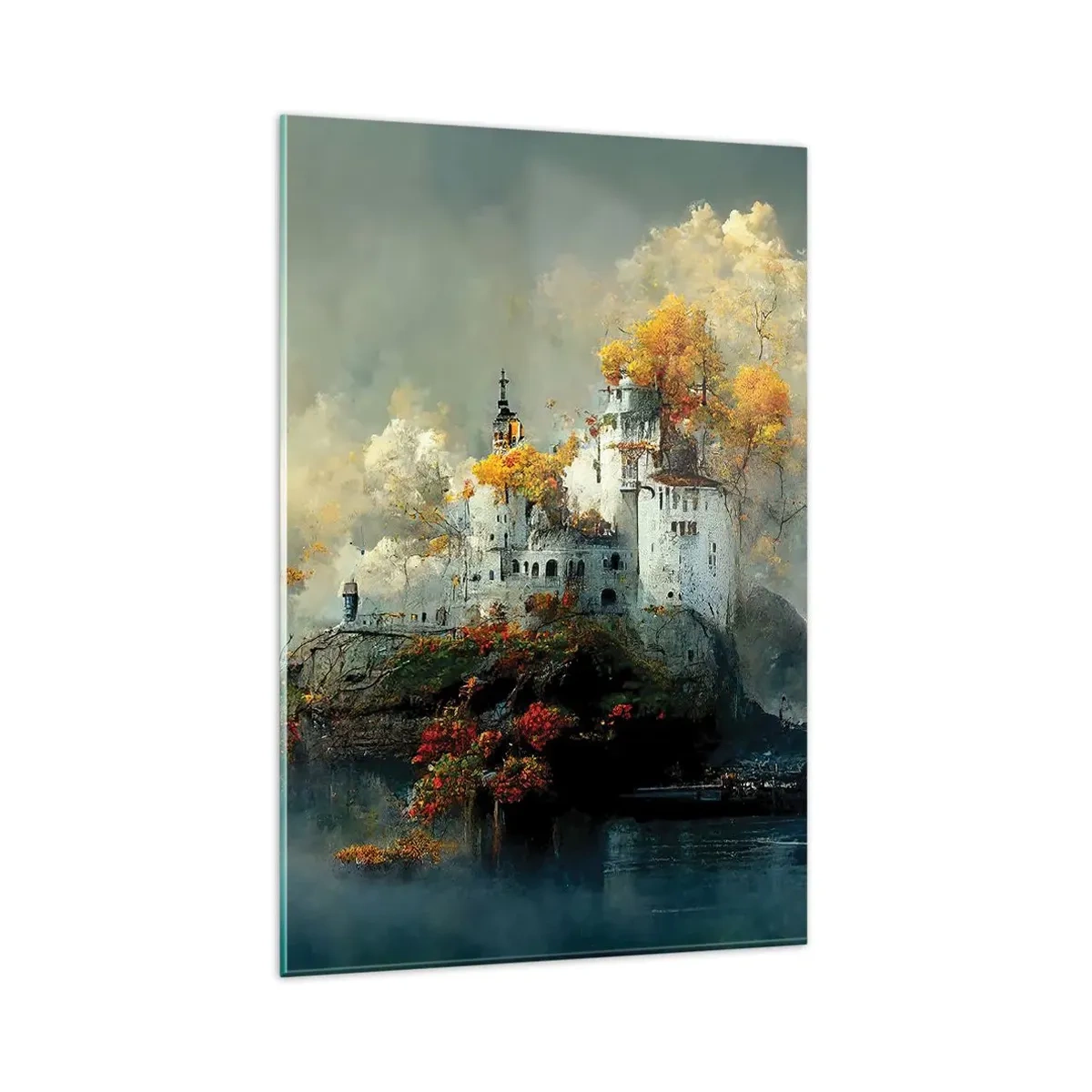 Impression sur verre - Image sur verre - Un château sur une colline entouré d'arbres d'automne - 80x120cm - Le début d'une histoire romantique - Décoration murale moderne pour le salon et la chambre ARTTOR