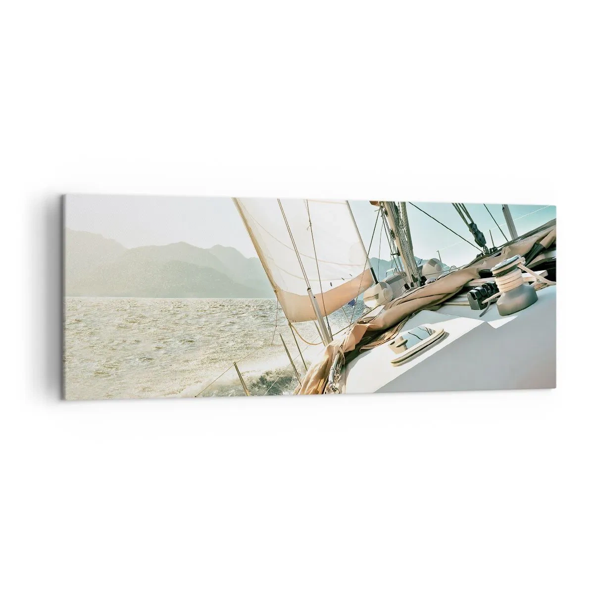 Impression sur toile - Image sur toile - Un yacht en pleine mer avec vue sur les montagnes - 140x50cm - Toutes voiles dehors - Décoration murale moderne pour le salon et la chambre ARTTOR