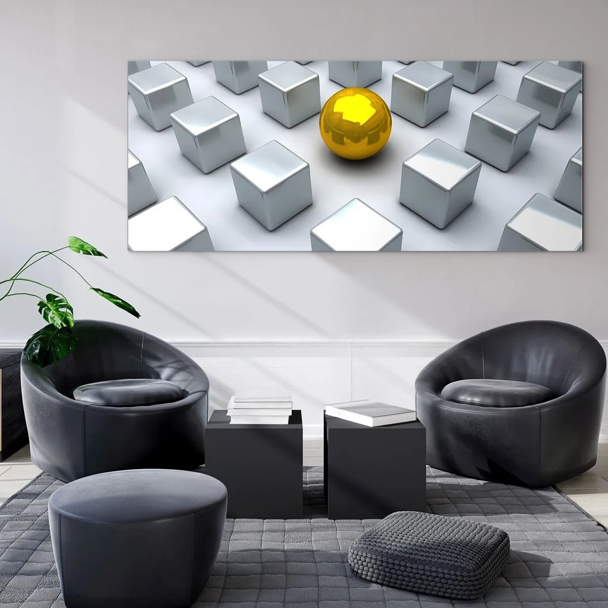 Impression sur verre - Image sur verre - Une sphère dorée se détachant parmi les cubes d'argent - 140x50cm - Pourquoi moi? Composition géométrique - Décoration murale moderne pour le salon et la chambre ARTTOR