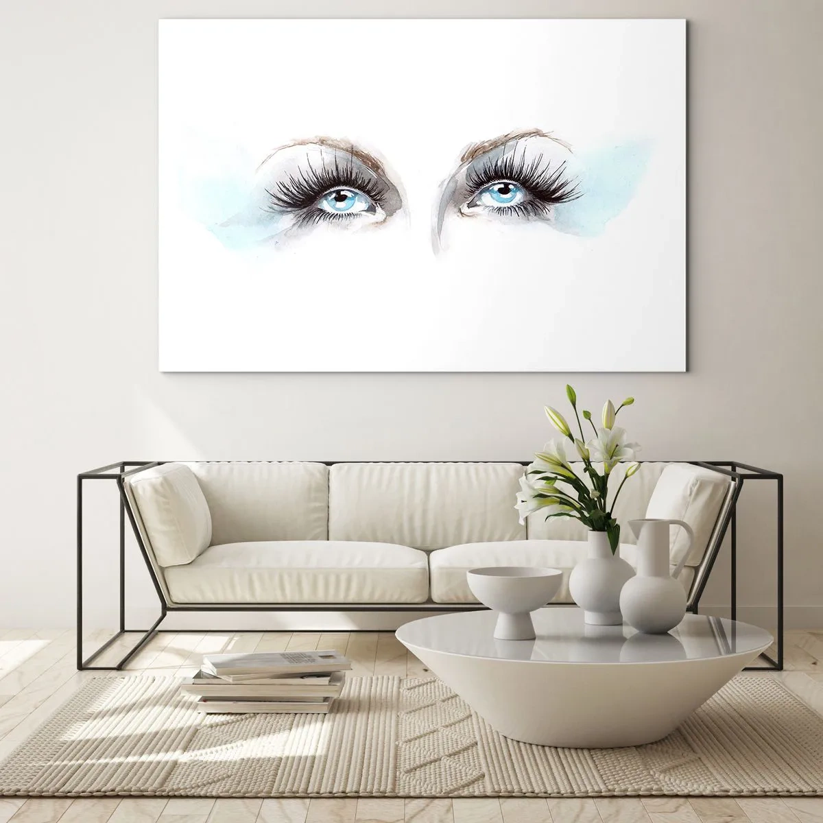 Impression sur verre - Image sur verre - Le regard subtil des yeux bleus dans une composition artistique - 100x70cm - Yeux d'ange? - Décoration murale moderne pour le salon et la chambre ARTTOR