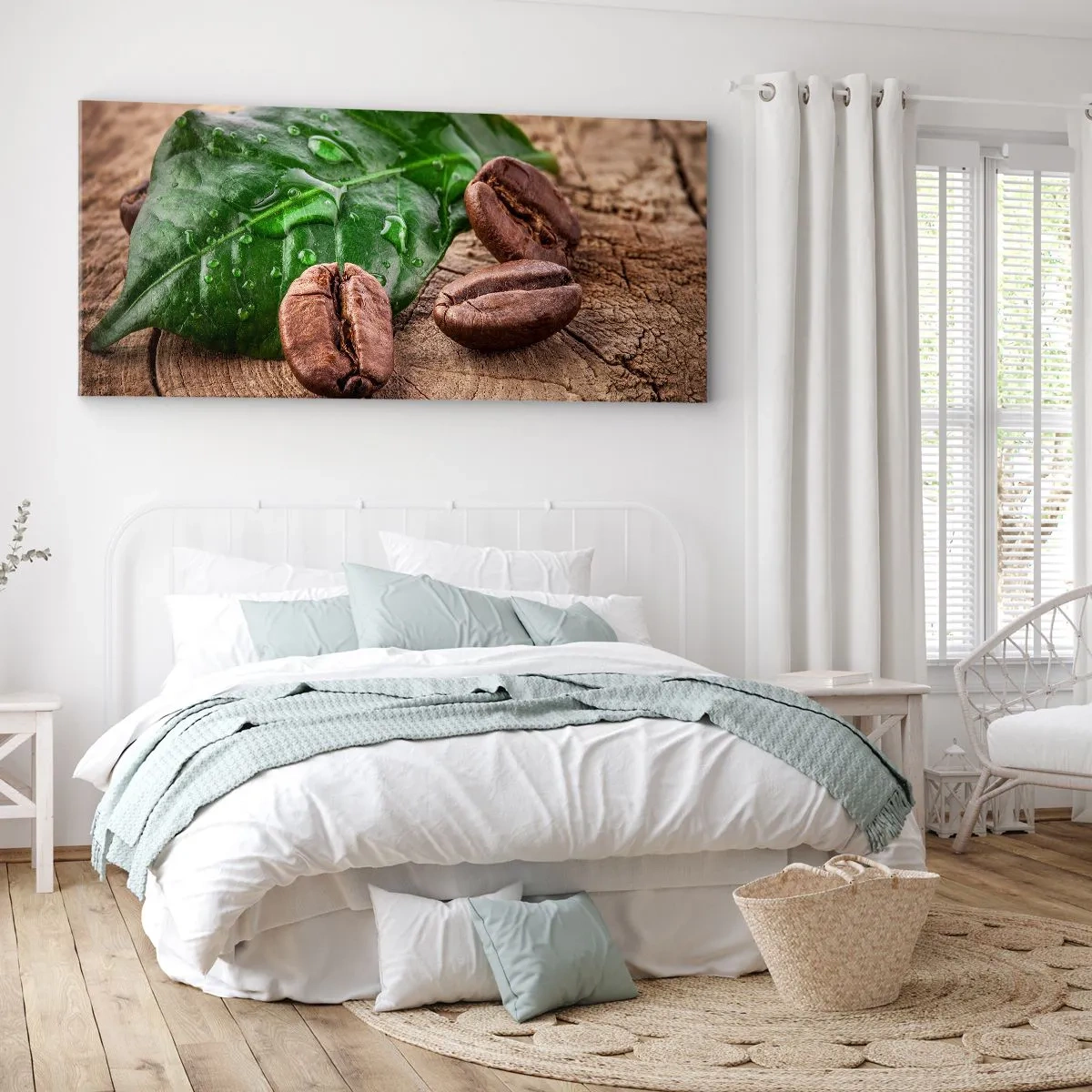 Impression sur toile - Image sur toile - Grains de café et feuille verte sur fond de bois - 160x50cm - La plus vraie et noire - Décoration murale moderne pour le salon et la chambre ARTTOR