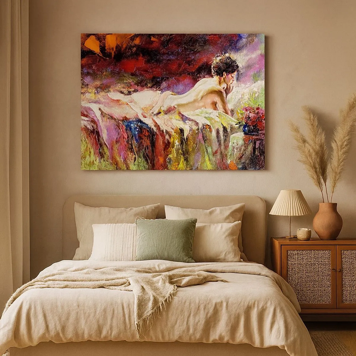 Impression sur toile - Image sur toile - Une femme allongée sur un lit sur un fond de couleurs abstraites. - 70x50cm - Vénus en pensée - Décoration murale moderne pour le salon et la chambre ARTTOR