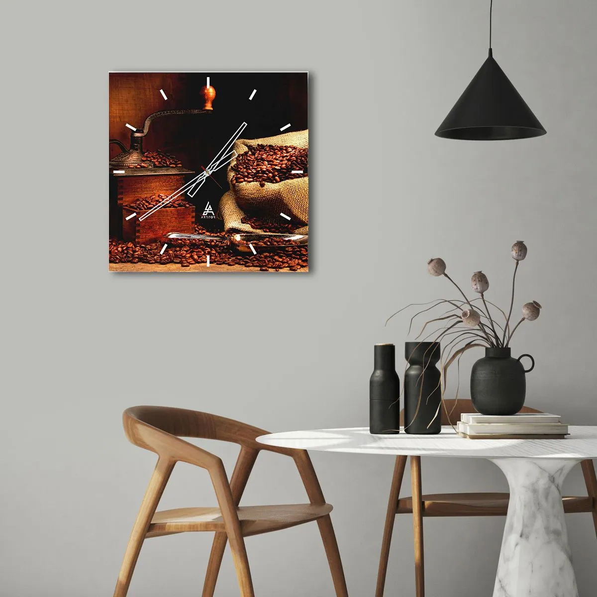 Horloge murale - Pendule murale - Nature morte avec grains de café et moulin - 30x30 cm