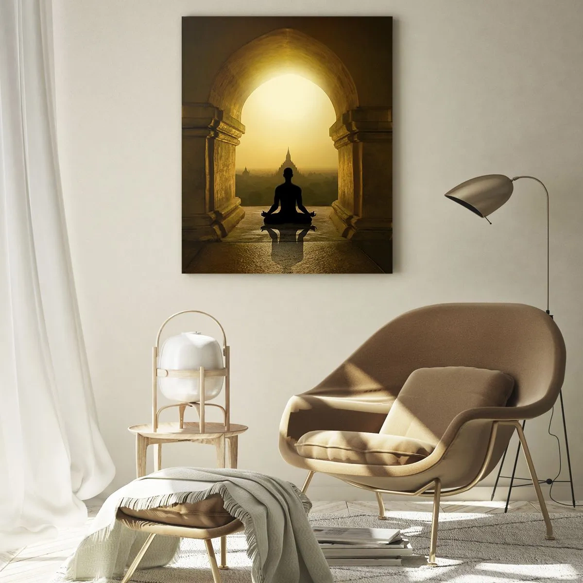Impression sur verre - Image sur verre - Silhouette d'une personne méditant à la lumière du soleil couchant dans une arche architecturale - 50x70cm - Pleine harmonie - Décoration murale moderne pour le salon et la chambre ARTTOR