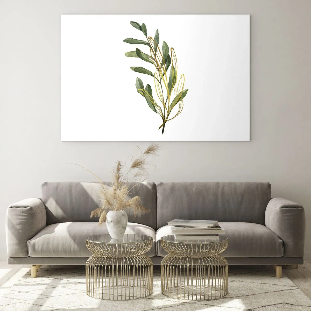 Impression sur verre - Image sur verre - Une branche verte avec un délicat accent doré - 120x80cm - Tout ce qui est bon - Décoration murale moderne pour le salon et la chambre ARTTOR