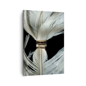 Impression sur toile - Image sur toile - Une plume blanche avec deux anneaux d'or sur fond noir - 70x100cm - ... et je ne te laisserai pas ... - Décoration murale moderne pour le salon et la chambre ARTTOR