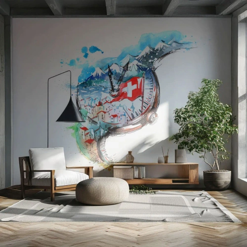 Papier Peint Autocollant Deluxe Sticker - L'esprit de la Suisse - Abstraction, Montre Suisse, Alpes - 200x140 cm