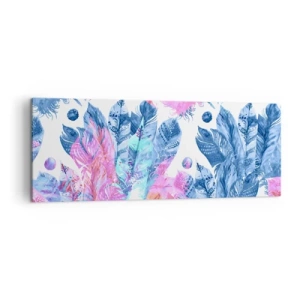Impression sur toile - Image sur toile - Motif abstrait avec des plumes colorées dans des tons pastel - 140x50cm - Plumes en rose et bleu - Décoration murale moderne pour le salon et la chambre ARTTOR
