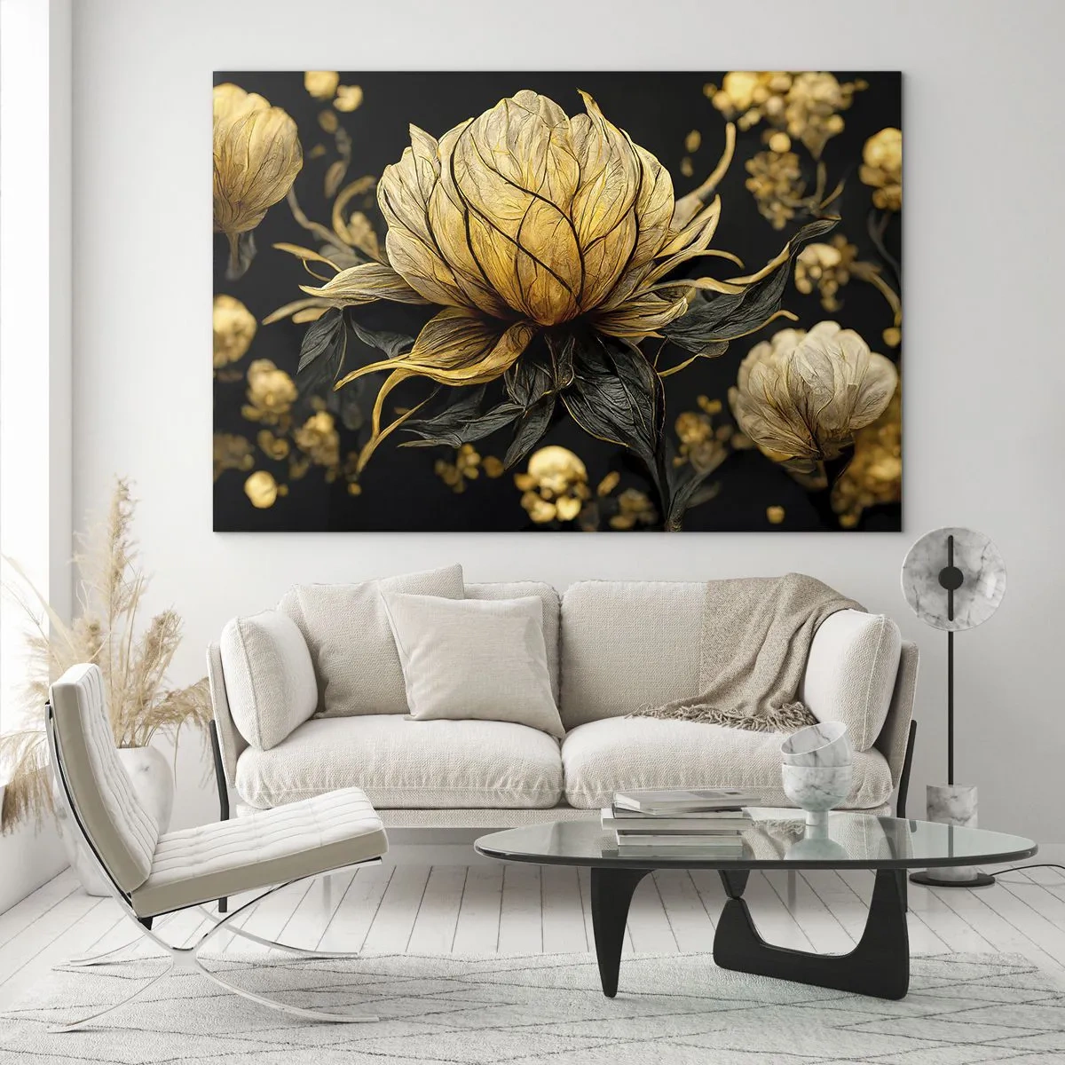 Impression sur verre - Image sur verre - Fleurs dorées sur fond noir dans une composition élégante - 70x50cm - Fragilité subtile - Décoration murale moderne pour le salon et la chambre ARTTOR