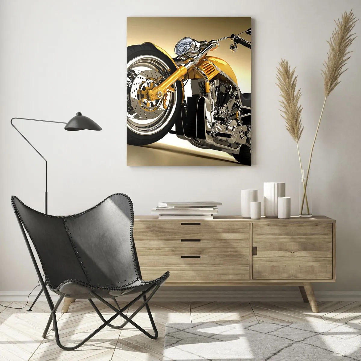 Impression sur verre - Image sur verre - Une moto customisée dorée sur fond clair - 50x70cm - Un rêve de force et de vitesse - Décoration murale moderne pour le salon et la chambre ARTTOR