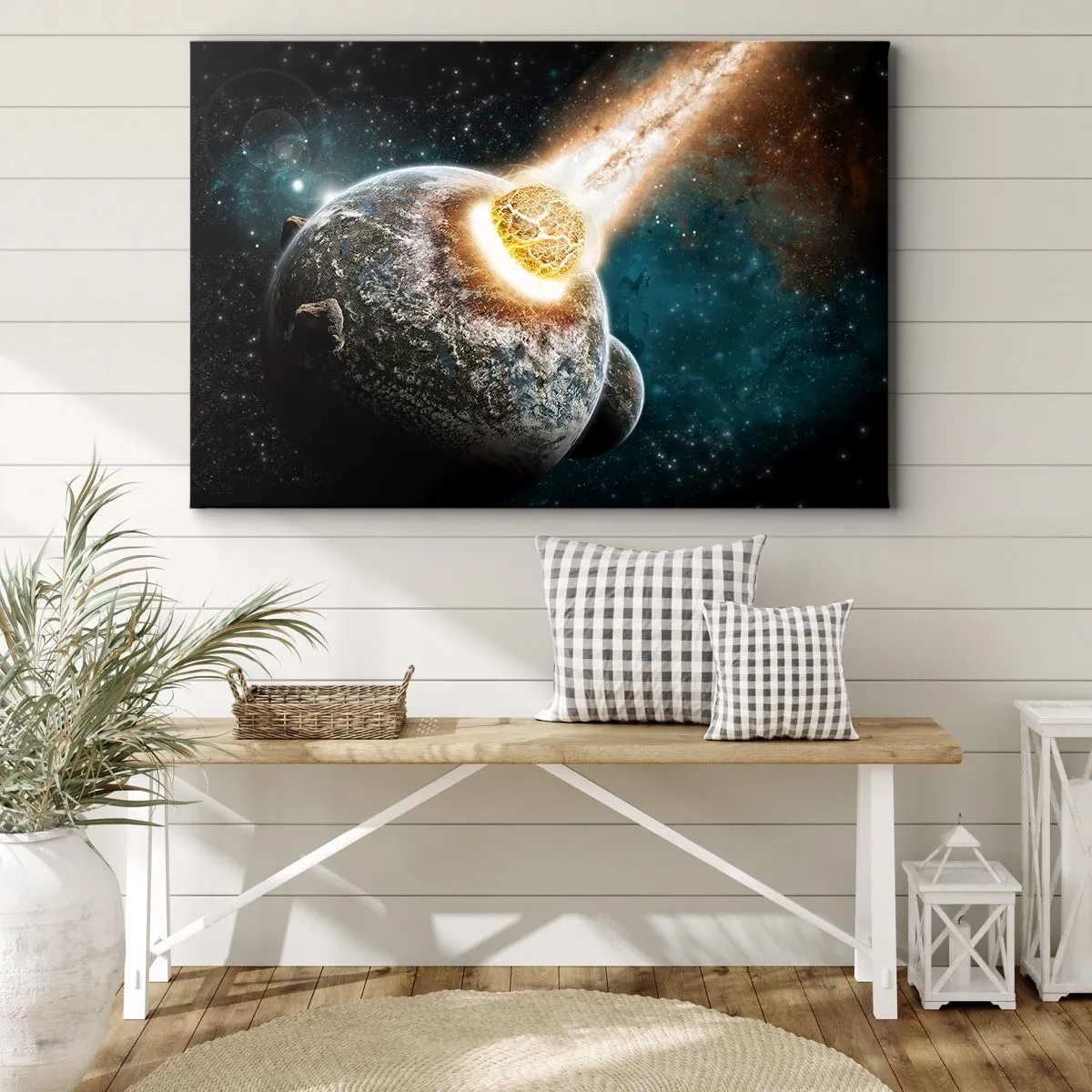 Impression sur toile - Image sur toile - Collision cosmique d'une planète avec un astéroïde à proximité de la galaxie. - 120x80cm - Destruction ou naissance? - Décoration murale moderne pour le salon et la chambre ARTTOR