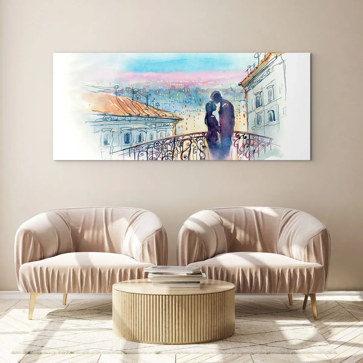Impression sur verre - Image sur verre - Couple romantique sur un balcon avec vue sur la ville - 140x50cm - Amoureux de Paris - Décoration murale moderne pour le salon et la chambre ARTTOR