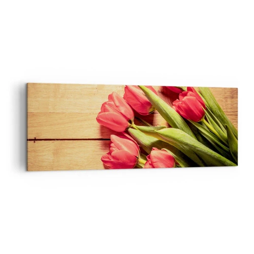 Impression sur toile - Image sur toile - Un bouquet de tulipes roses sur un fond en bois - 140x50cm - Défi du printemps - Décoration murale moderne pour le salon et la chambre ARTTOR