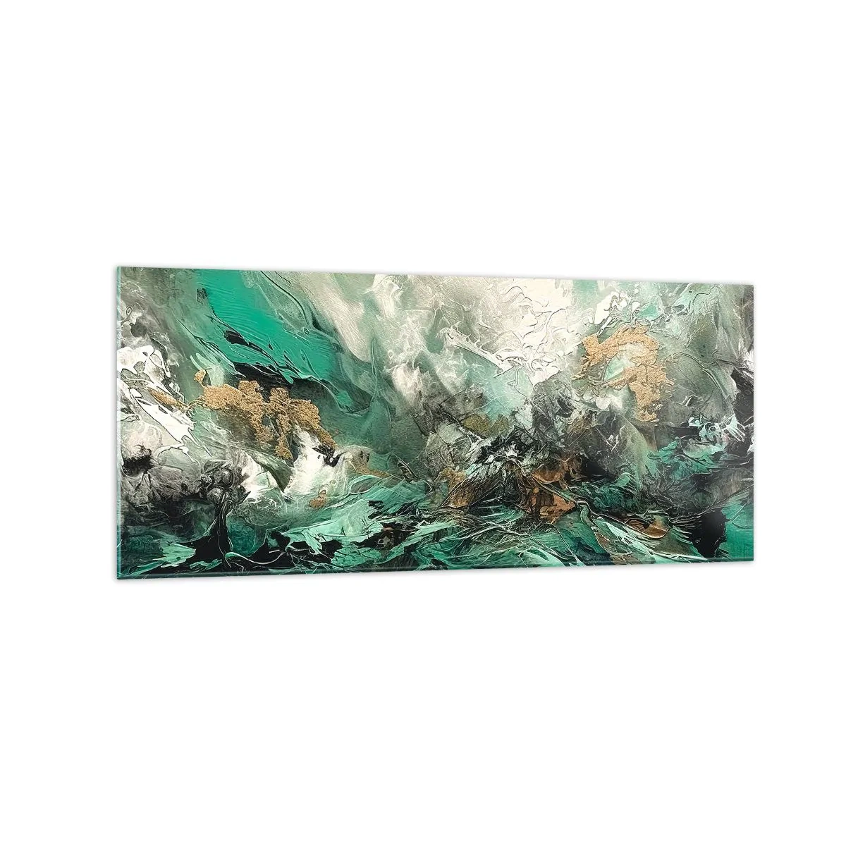 Impression sur verre - Image sur verre - Paysage abstrait dans les tons de vert et d'or - 120x50cm - Ressac émeraude et noir - Décoration murale moderne pour le salon et la chambre ARTTOR