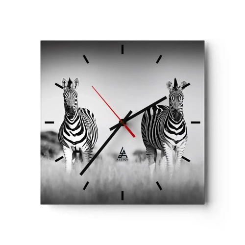 Horloge murale - Pendule murale - Deux zèbres dans la savane dans un style monochrome - 30x30cm - Le monde est bel et bien noir et blanc - Décoration murale moderne pour le salon et la chambre ARTTOR