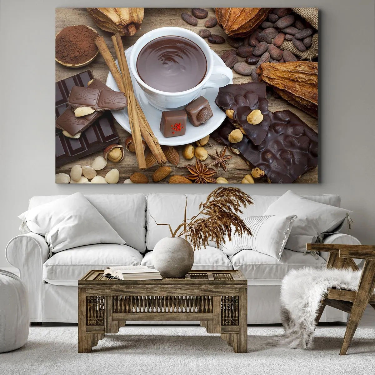 Impression sur toile - Image sur toile - Une tasse de chocolat chaud entourée d'ingrédients de dessert - 100x70cm - D'une chocolaterie de conte de fées - Décoration murale moderne pour le salon et la chambre ARTTOR
