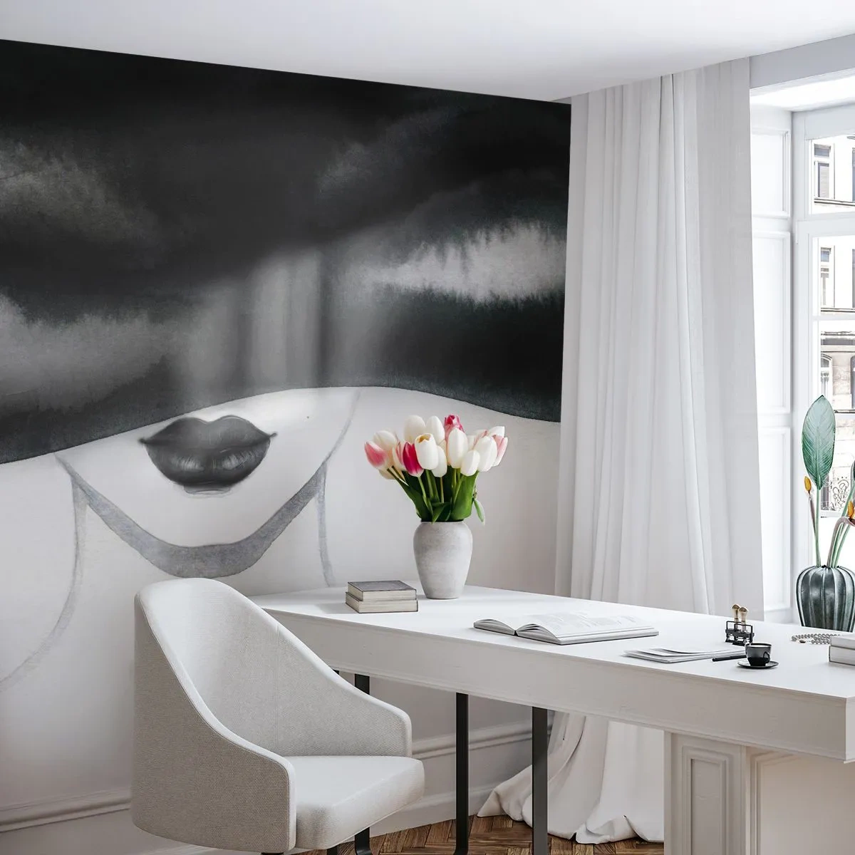 Papier Peint Photo Premium Canvas - Un mystère sensuel - Femme au chapeau, Modèle, Noir et blanc - 350x256 cm