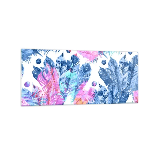Impression sur verre - Image sur verre - Motif abstrait avec des plumes colorées dans des tons pastel - 120x50cm - Plumes en rose et bleu - Décoration murale moderne pour le salon et la chambre ARTTOR