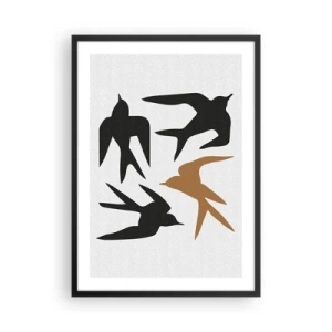 Affiche dans un cadre noir - Poster - Silhouettes stylisées d'hirondelles sur fond clair - 50x70cm - Avaler du plaisir - Décoration murale moderne pour le salon et la chambre ARTTOR