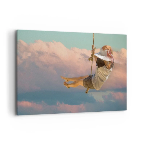 Impression sur toile - Image sur toile - Femme sur une balançoire parmi les nuages roses - 120x80cm - S'amuser dans les nuages - Décoration murale moderne pour le salon et la chambre ARTTOR