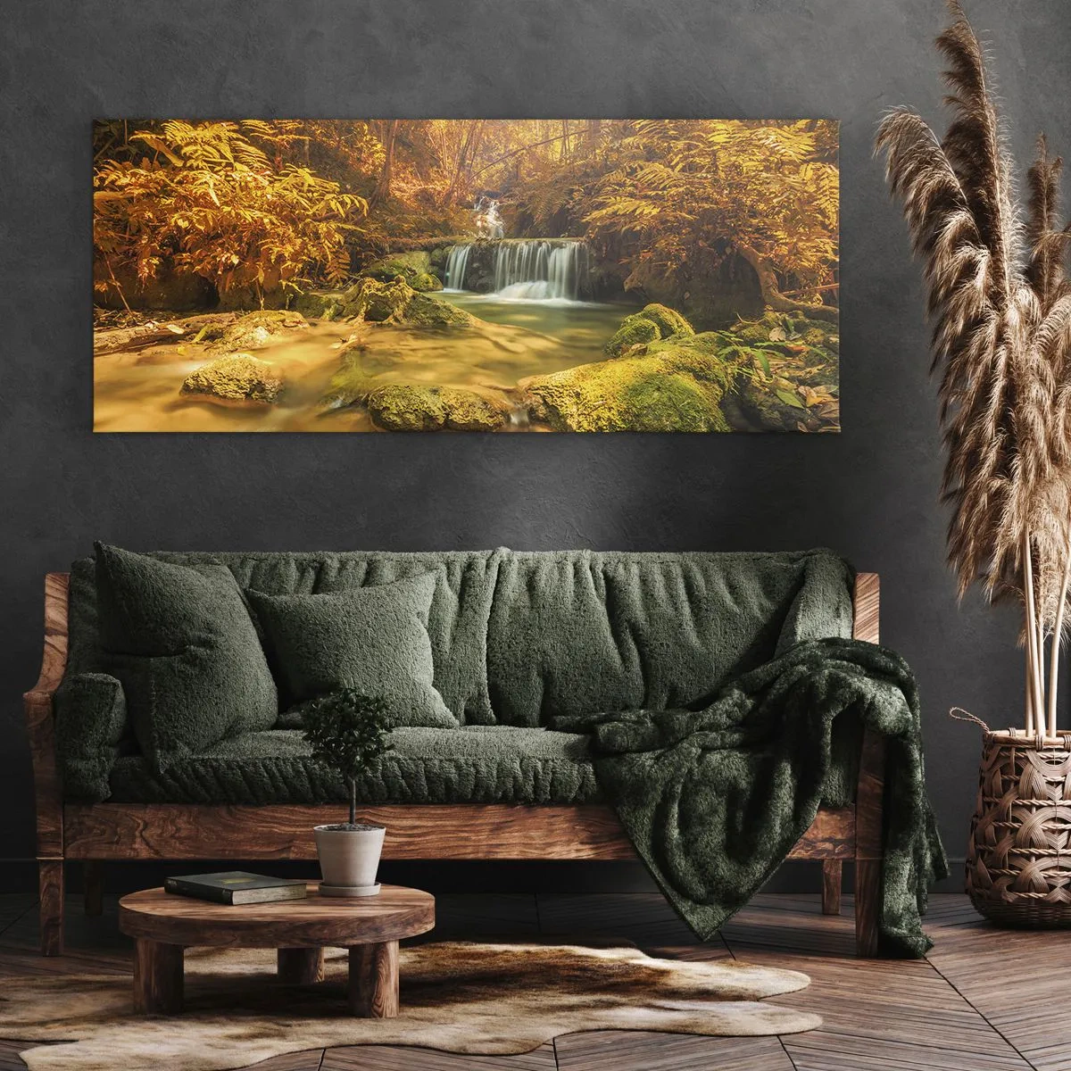 Impression sur toile - Image sur toile - Cascade de forêt en or - 100x40 cm
