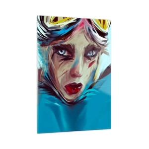 Impression sur verre - Image sur verre - Portrait d'une femme avec des lunettes et des coups de pinceau bleus - 50x70cm - Guerrière errante - Décoration murale moderne pour le salon et la chambre ARTTOR