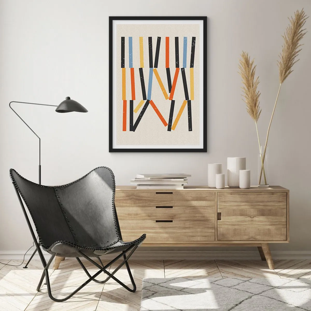Affiche dans un cadre noir - Poster - Abstraction géométrique colorée avec des lignes verticales - 50x70cm - Composition de niveaux - Décoration murale moderne pour le salon et la chambre ARTTOR