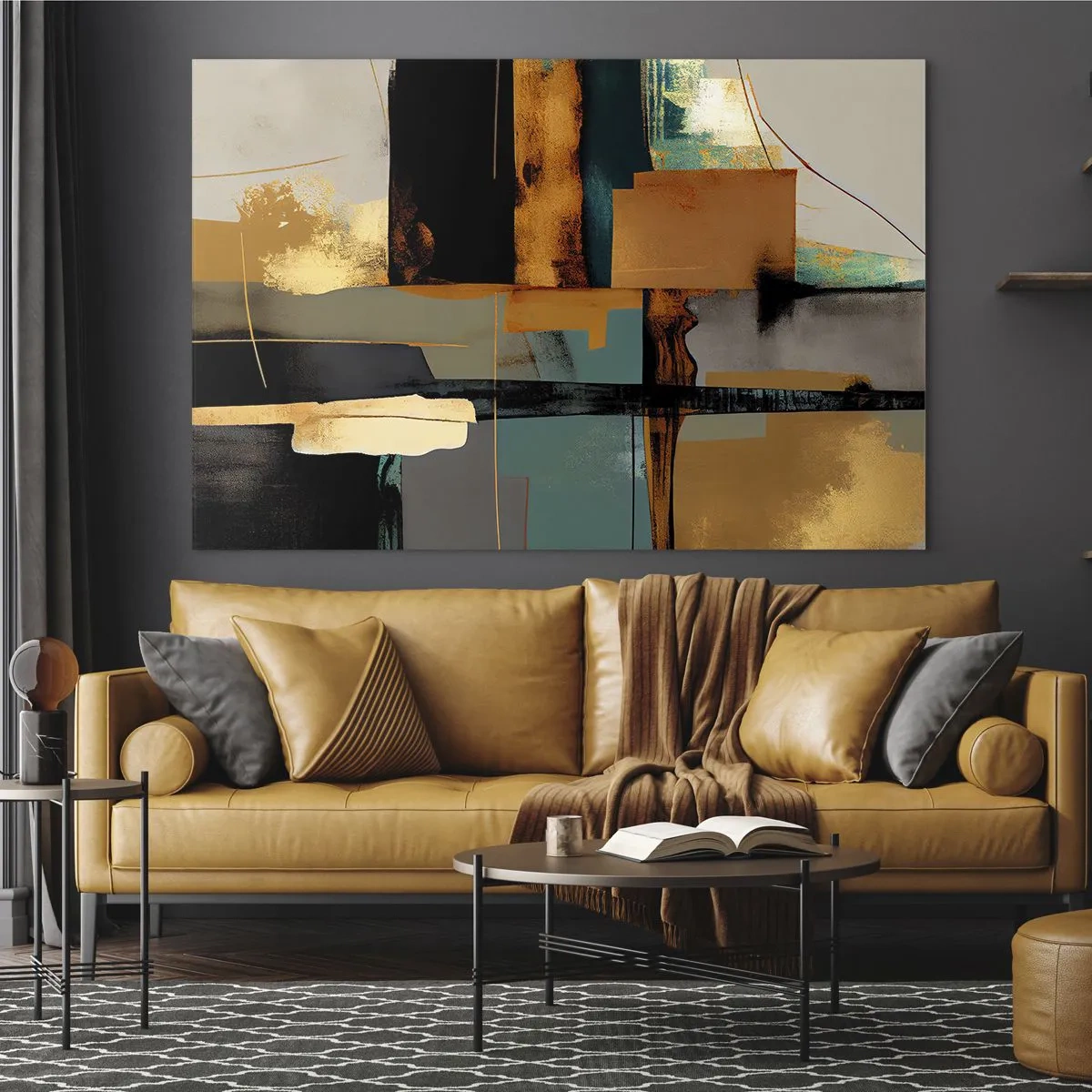Impression sur verre - Image sur verre - Abstraction moderne avec contrastes or, noir et turquoise - 70x50cm - Abstraction – lumière et ombre - Décoration murale moderne pour le salon et la chambre ARTTOR
