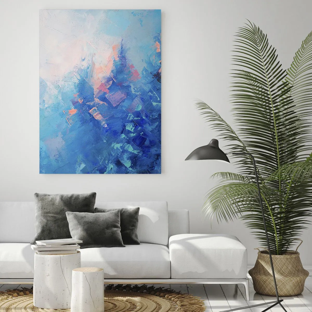 Impression sur verre - Image sur verre - Paysage d'hiver abstrait avec des bleus froids et des teintes roses douces - 50x70cm - Abstraction hivernale - Décoration murale moderne pour le salon et la chambre ARTTOR