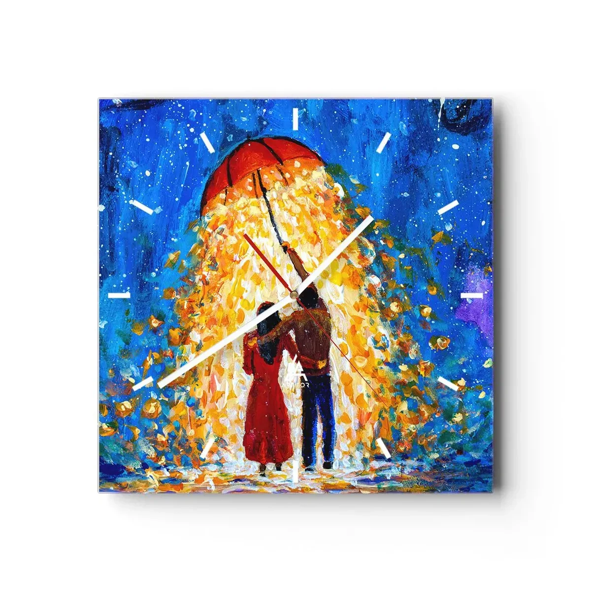 Horloge murale - Pendule murale - Un couple sous un parapluie rouge sous la pluie lumineuse - 30x30cm - La magie d'une soirée pluvieuse ? - Décoration murale moderne pour le salon et la chambre ARTTOR
