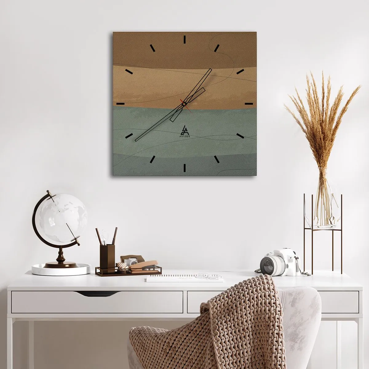 Horloge murale - Pendule murale - Composition abstraite dans des tons de terre naturels - 30x30cm - Composition horizontale - Décoration murale moderne pour le salon et la chambre ARTTOR