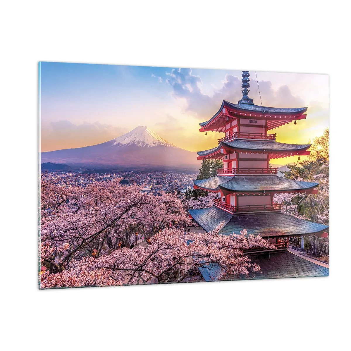 Impression sur verre - Image sur verre - Une pagode dans un paysage japonais surplombant le mont Fuji et des arbres en fleurs - 120x80cm - Essence d'âme japonnaise - Décoration murale moderne pour le salon et la chambre ARTTOR