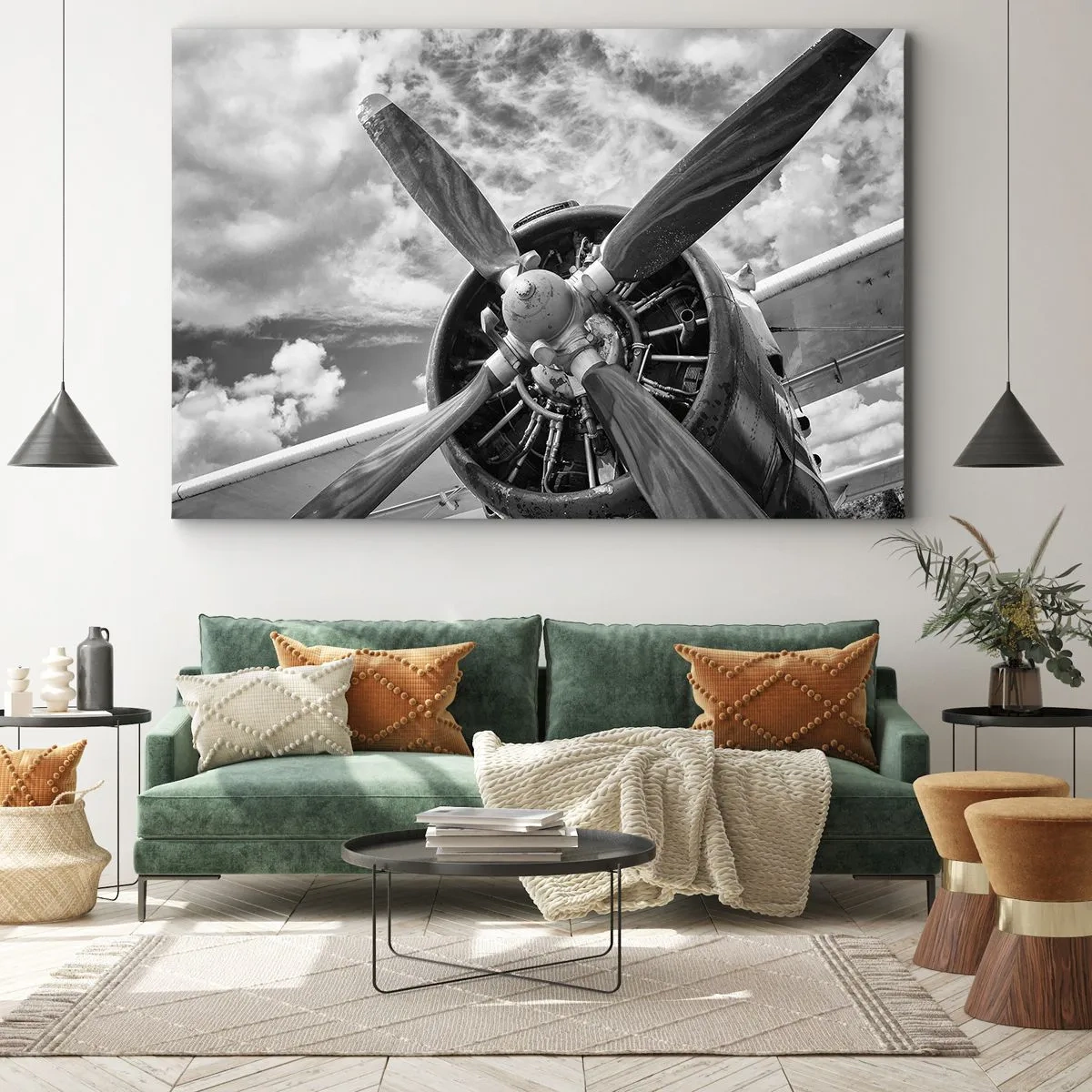 Impression sur toile - Image sur toile - Une photo en noir et blanc d'une hélice d'avion contre un ciel dynamique. - 70x50cm - Dompteur de ciel - Décoration murale moderne pour le salon et la chambre ARTTOR