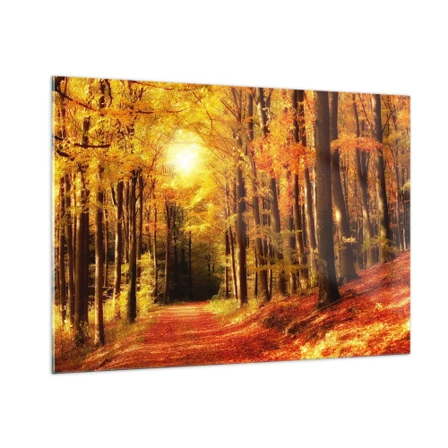 Impression sur verre - Image sur verre - Forêt d'automne baignée de soleil doré - 100x70cm - Automne doré sur une route forestière - Décoration murale moderne pour le salon et la chambre ARTTOR