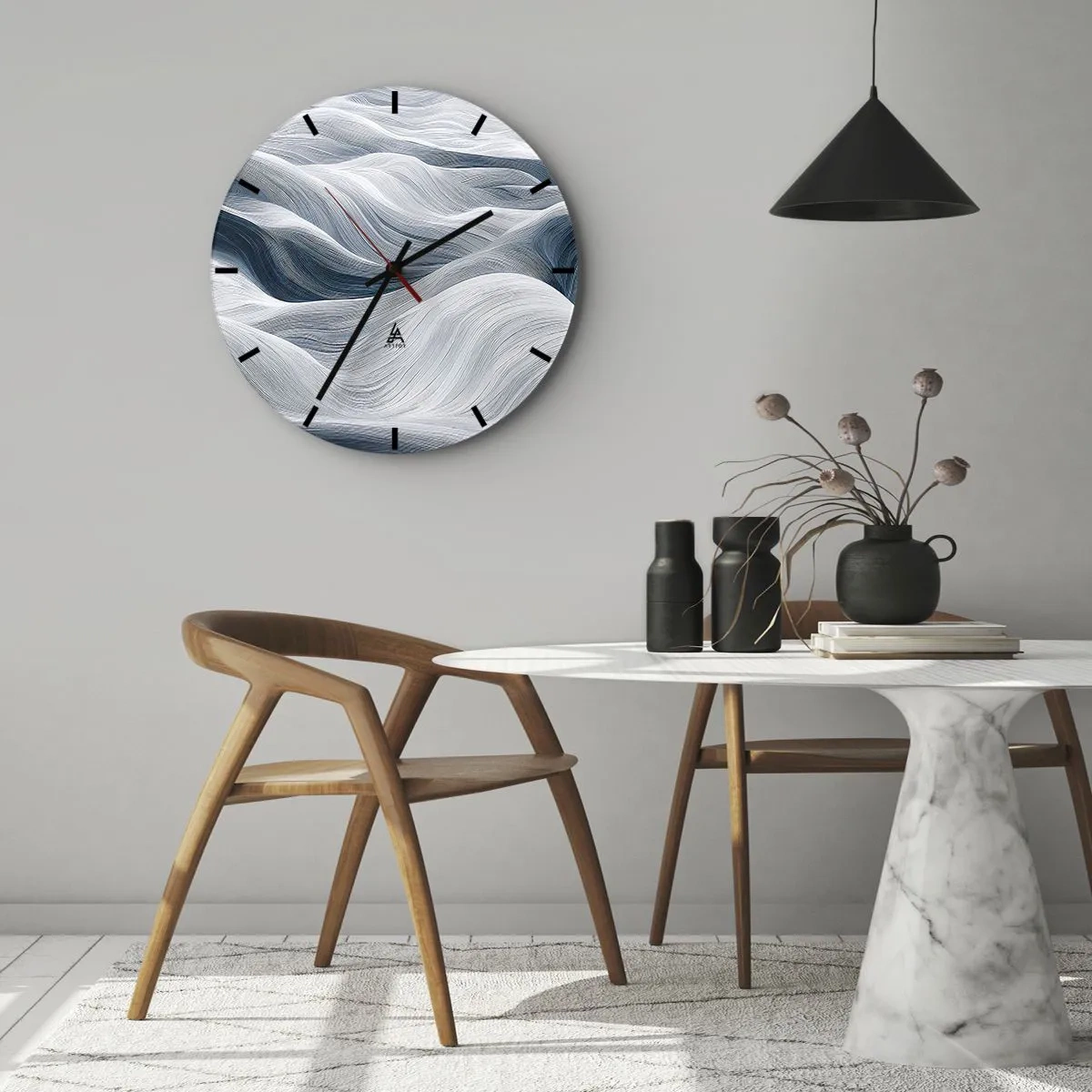 Horloge murale - Pendule murale - Lignes graphiques et ondulées dans les tons blancs et bleus - 30x30cm - Vagues blanches et bleues - Décoration murale moderne pour le salon, la cuisine et la chambre ARTTOR