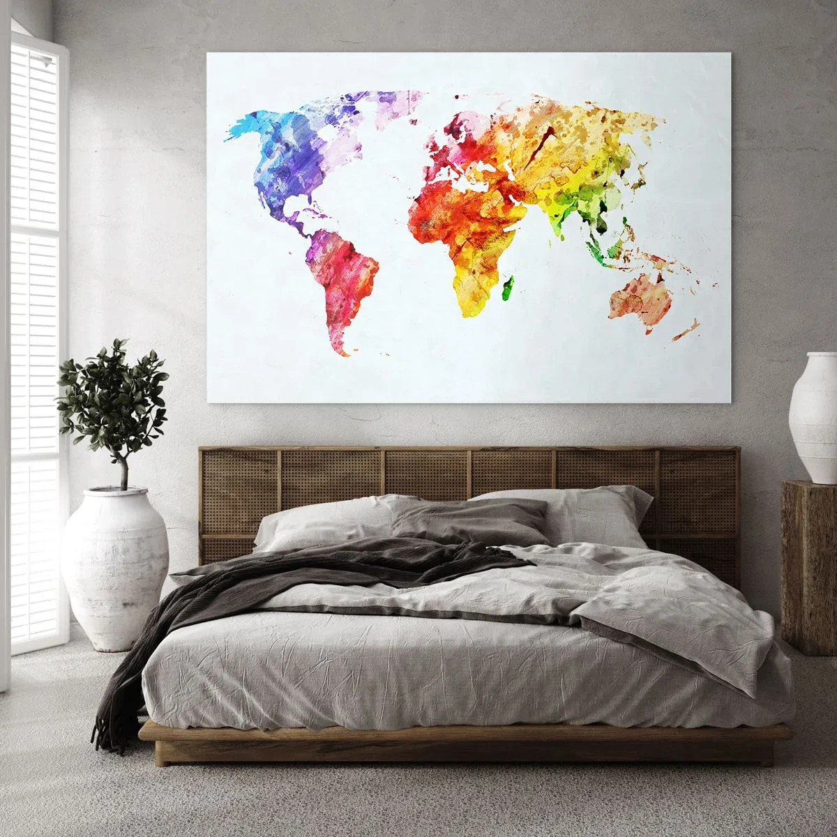 Impression sur verre - Image sur verre - Carte du monde à l'aquarelle aux couleurs vives - 70x50cm - Toutes les couleurs du monde - Décoration murale moderne pour le salon et la chambre ARTTOR