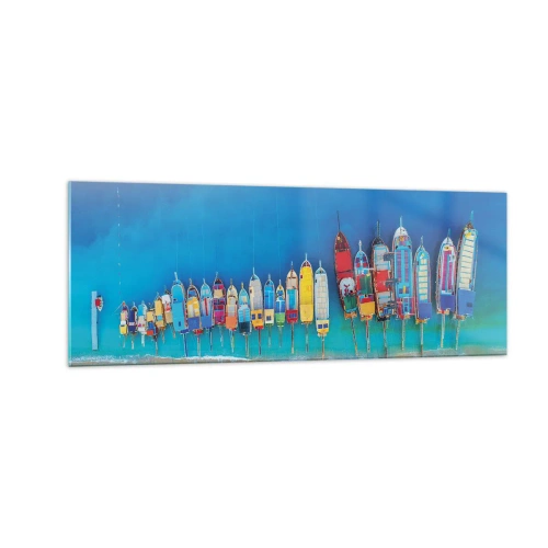 Impression sur verre - Image sur verre - Des bateaux colorés alignés en rangée sur le rivage - 140x50cm - Une vue à vol d'oiseau - Décoration murale moderne pour le salon et la chambre ARTTOR