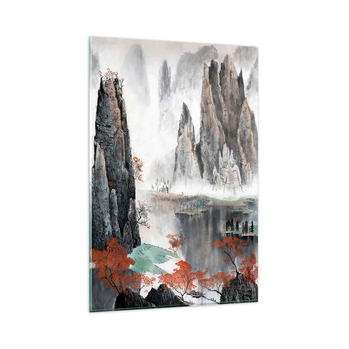 Impression sur verre - Image sur verre - Rochers et arbres pittoresques dans le paysage brumeux de la Chine - 80x120cm - De puissants gardiens - Décoration murale moderne pour le salon et la chambre ARTTOR