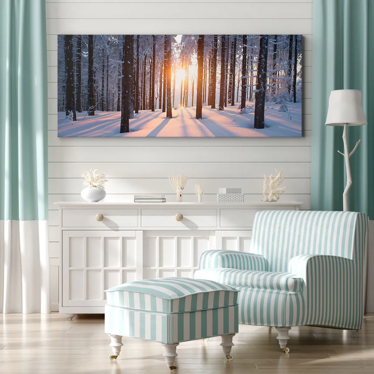 Impression sur toile - Image sur toile - Forêt d'hiver illuminée par les rayons du soleil - 120x50cm - Clairement en noir et blanc - Décoration murale moderne pour le salon et la chambre ARTTOR