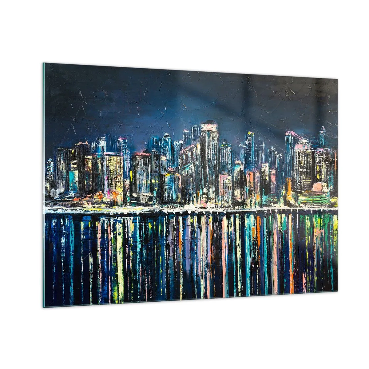Impression sur verre - Image sur verre - Panorama de la ville la nuit avec les lumières se reflétant dans l'eau - 100x70cm - Cascade de lumières - Décoration murale moderne pour le salon et la chambre ARTTOR