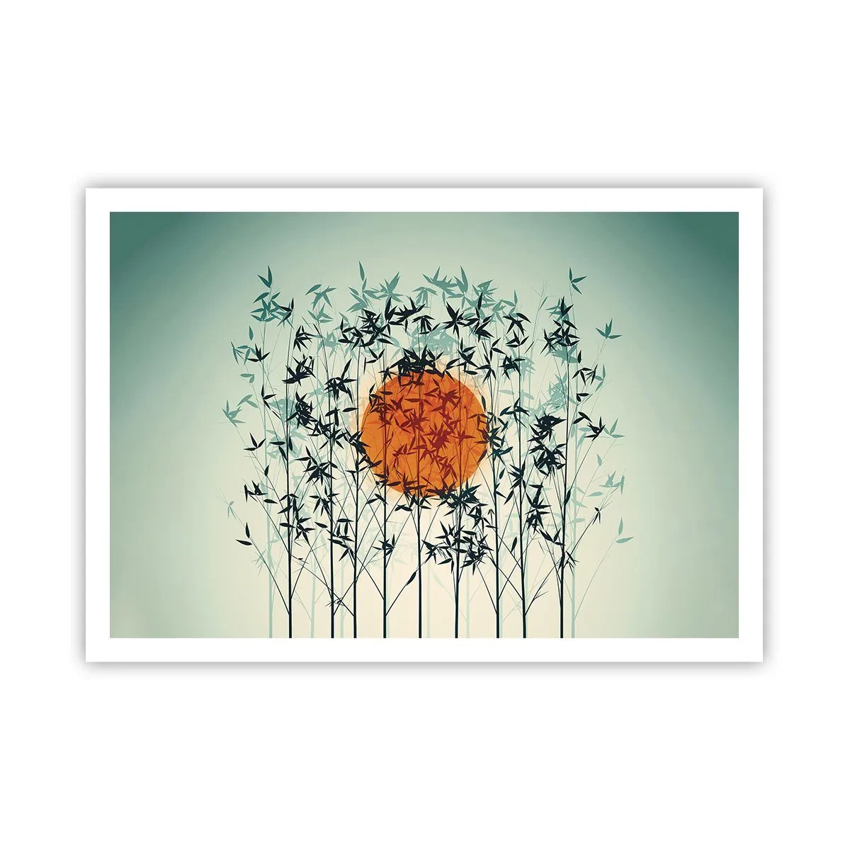 Affiche - Poster - Soleil orange parmi les branches de bambou - 100x70cm - Soleil japonnais - Décoration murale moderne pour le salon et la chambre ARTTOR